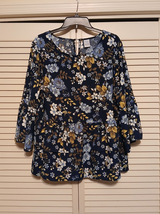 Time and Tru Tops - Time and Tru Navy Floral Tiered Blouse with Blue & Yellow  Accents